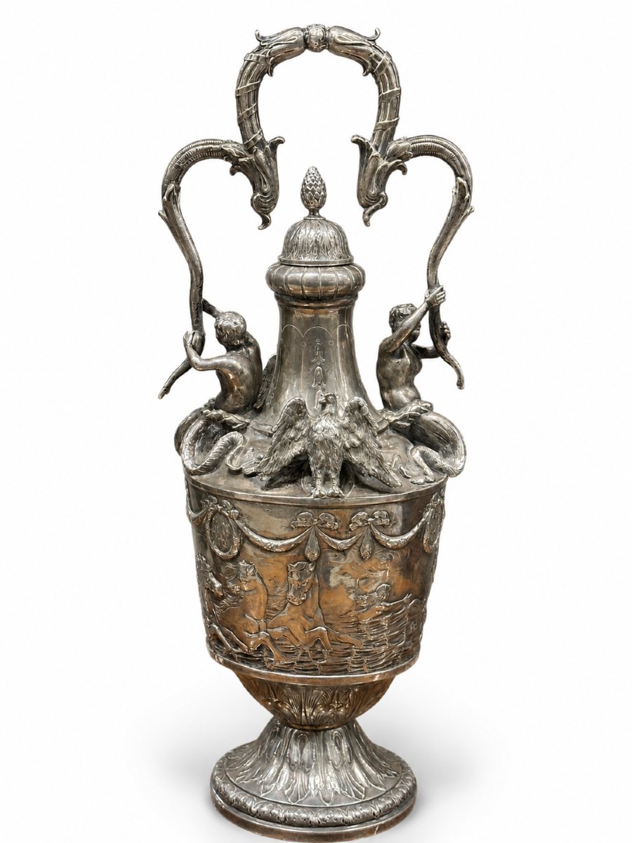 Vase-Carafe Décoratif En Argent .800, Décor Aux Tritons Et À L’Aigle 1.45kg-photo-5