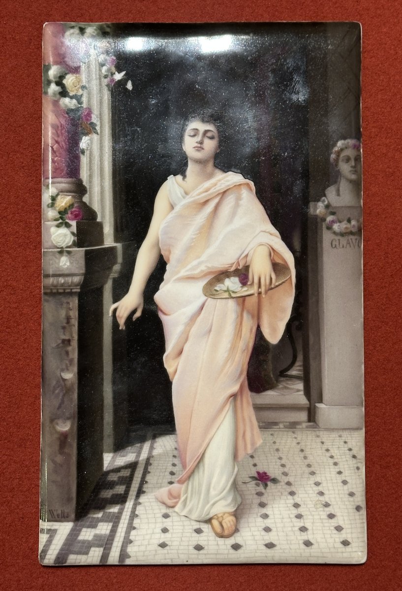 Plaque en Porcelaine, “Nydia l’aveugle”, signée Wells
