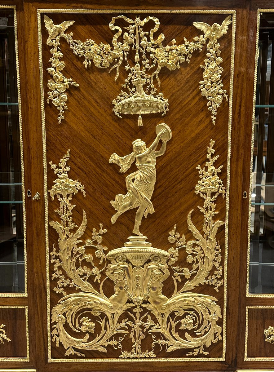 Important Vitrine By J. Zwiener, Louis XVI Style, Palissandre Gilt-bronze And Meissen Porcelain-photo-3
