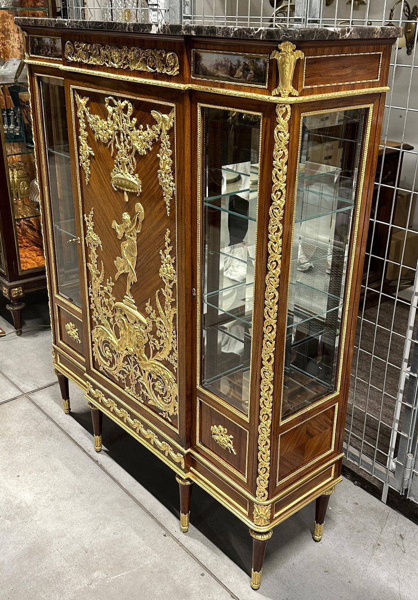 Important Vitrine By J. Zwiener, Louis XVI Style, Palissandre Gilt-bronze And Meissen Porcelain-photo-3