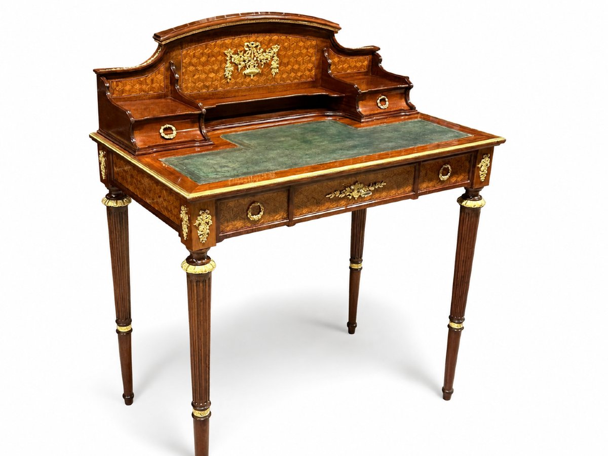 François Linke (1855-1946) Writing Desk, Louis XVI Style, Rosewood, Marquetry, Gilt-bronze-photo-3