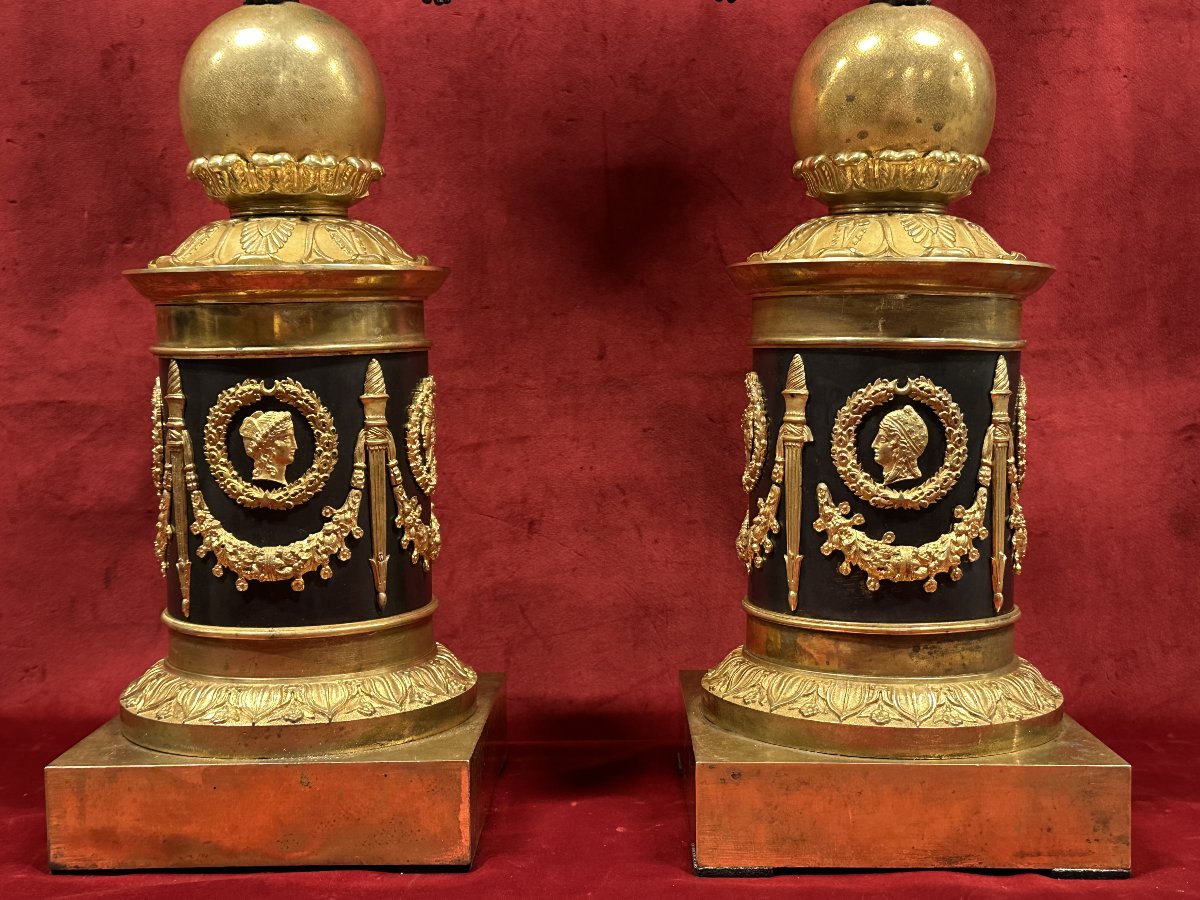 Pair Of Empire Candelabra In Gilded And Patinated Bronze-photo-3
