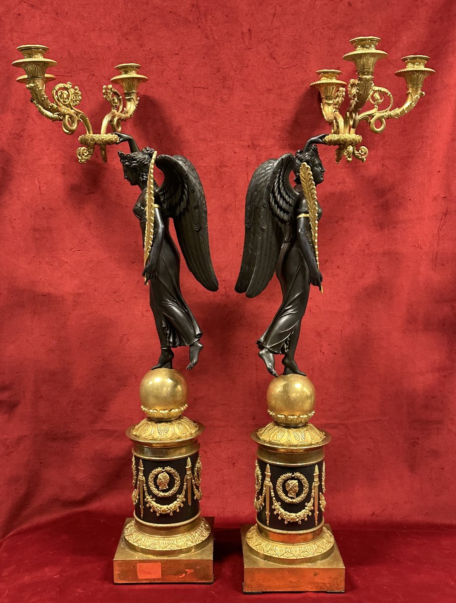 Pair Of Empire Candelabra In Gilded And Patinated Bronze-photo-4