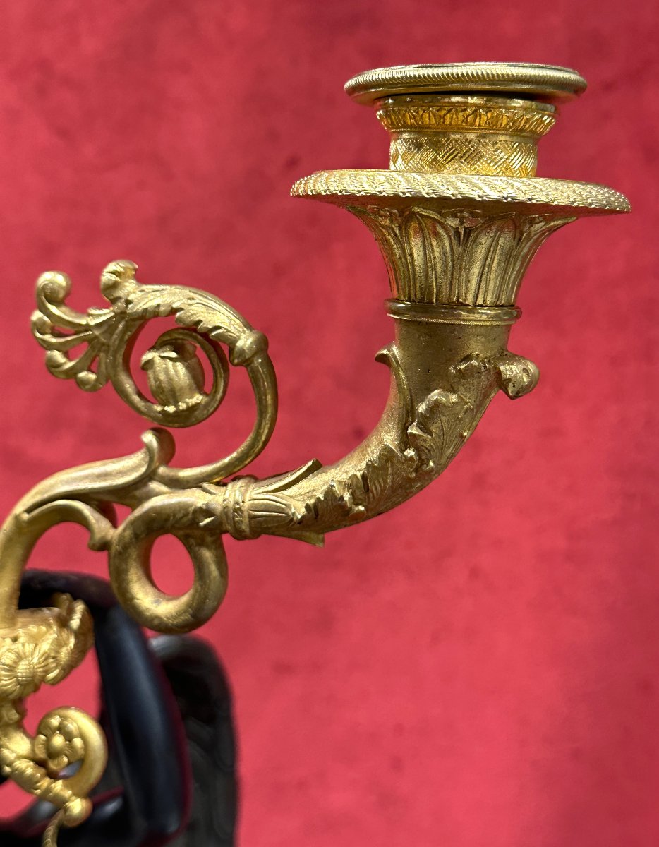 Pair Of Empire Candelabra In Gilded And Patinated Bronze-photo-1
