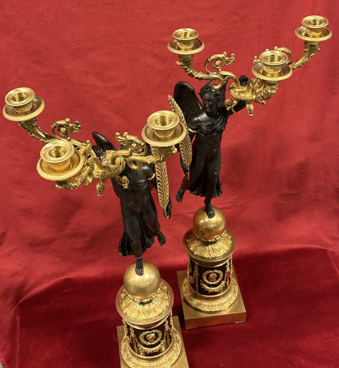 Pair Of Empire Candelabra In Gilded And Patinated Bronze-photo-3