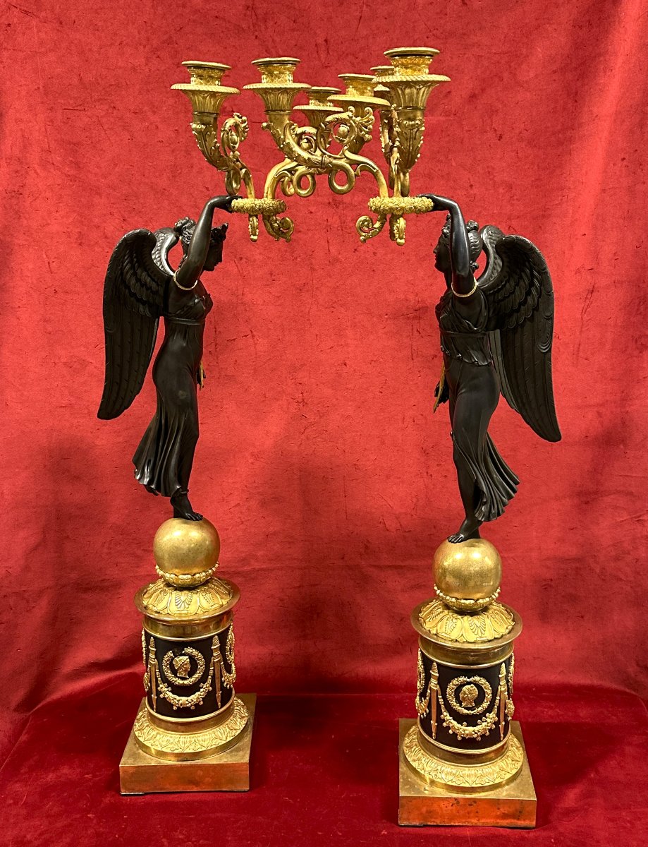 Pair Of Empire Candelabra In Gilded And Patinated Bronze-photo-5