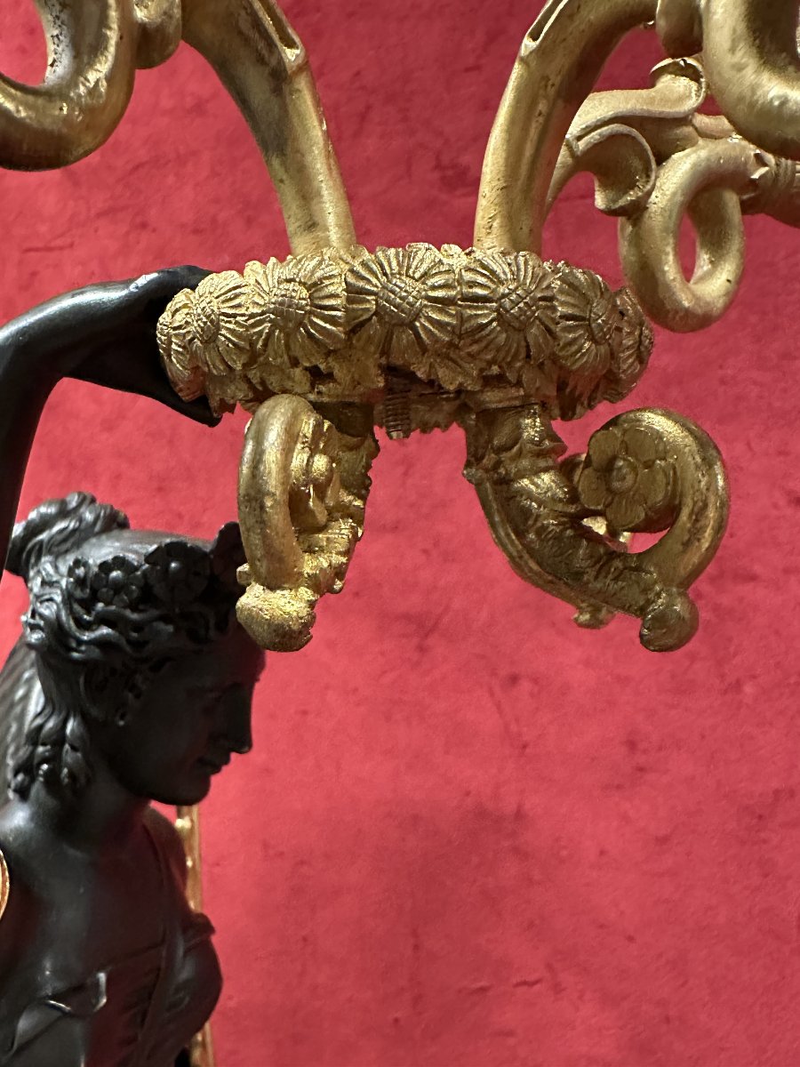 Pair Of Empire Candelabra In Gilded And Patinated Bronze-photo-7