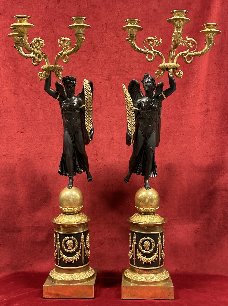 Pair Of Empire Candelabra In Gilded And Patinated Bronze
