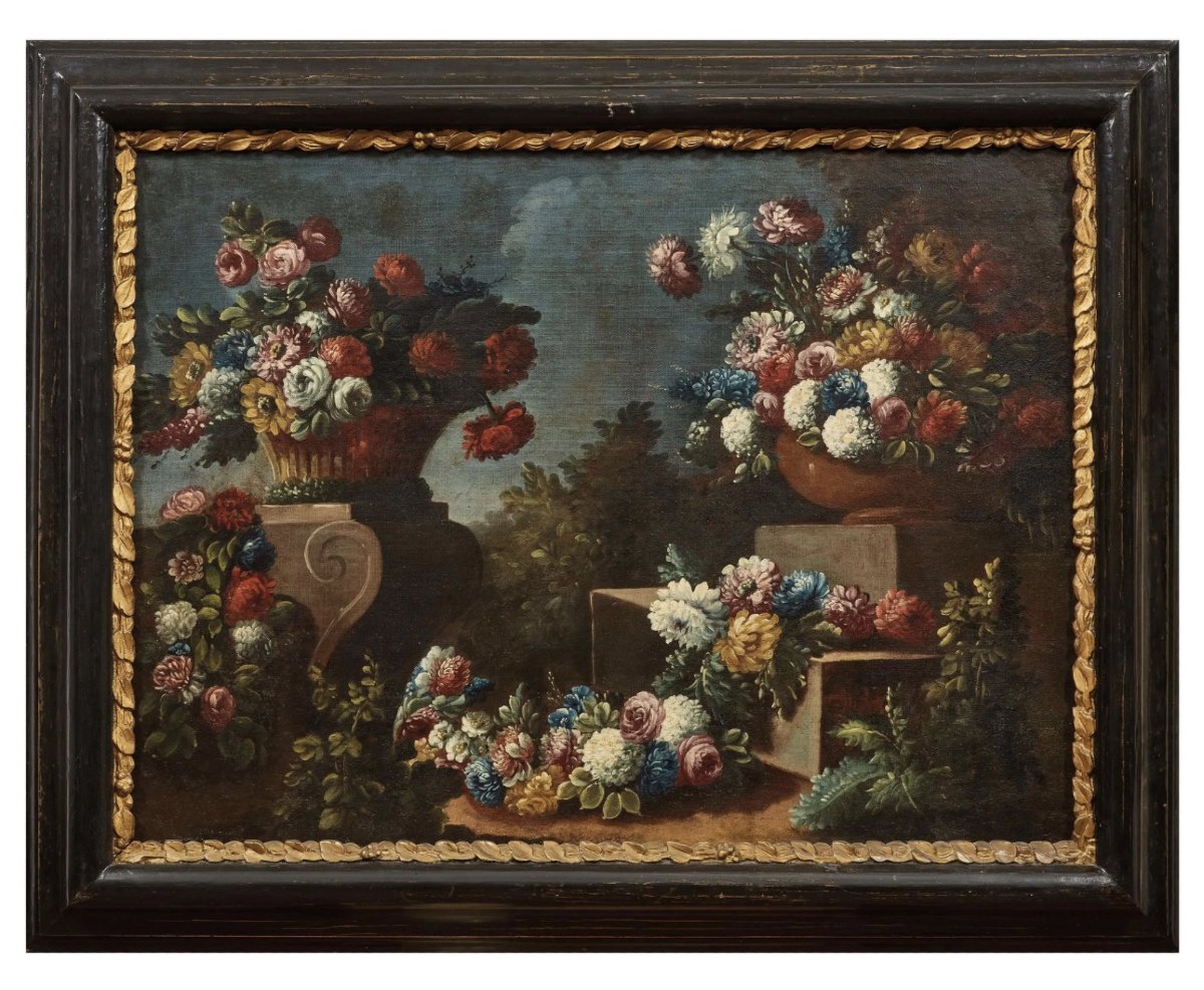 Pair Of Floral Still Lifes, Neapolitan School, Oil On Canvas, 18th Century-photo-2