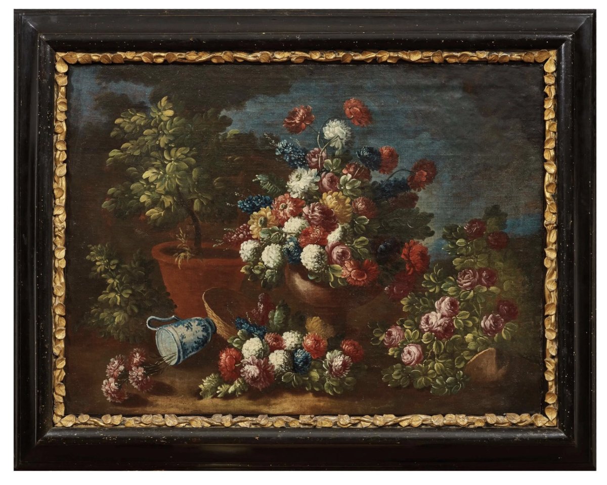 Pair Of Floral Still Lifes, Neapolitan School, Oil On Canvas, 18th Century-photo-3