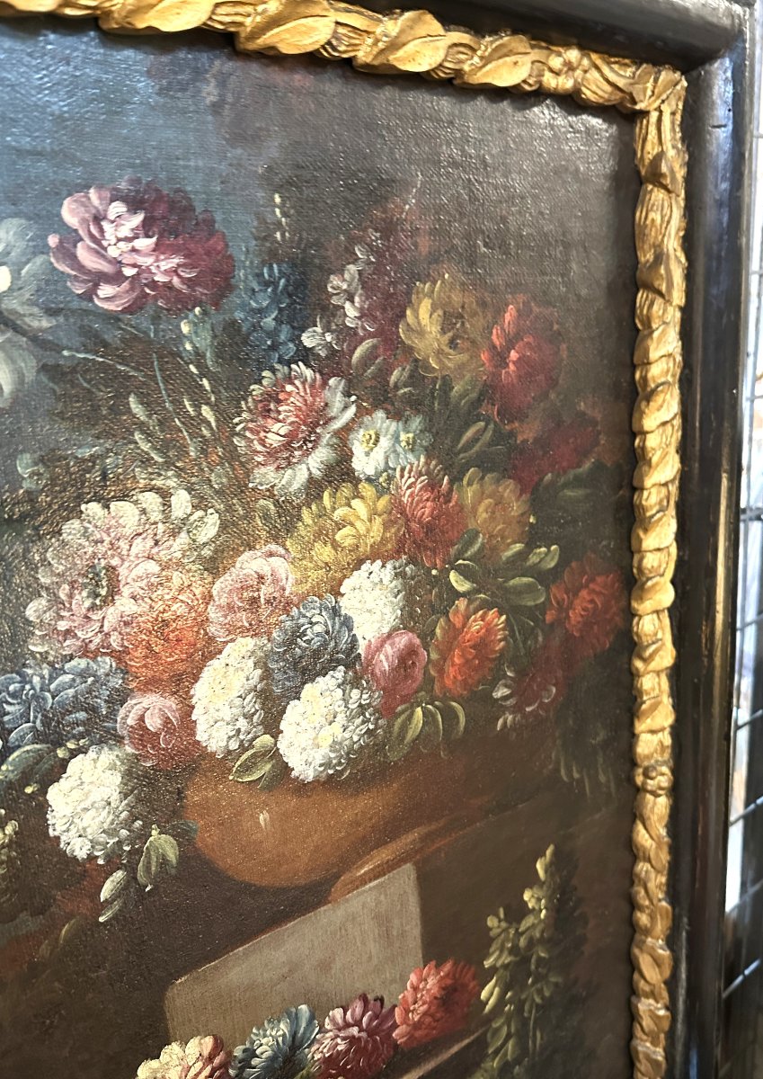 Pair Of Floral Still Lifes, Neapolitan School, Oil On Canvas, 18th Century-photo-1