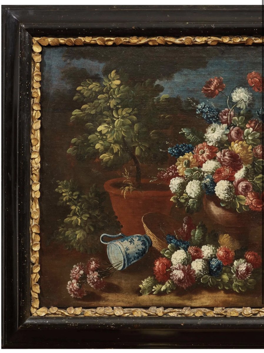 Pair Of Floral Still Lifes, Neapolitan School, Oil On Canvas, 18th Century-photo-3