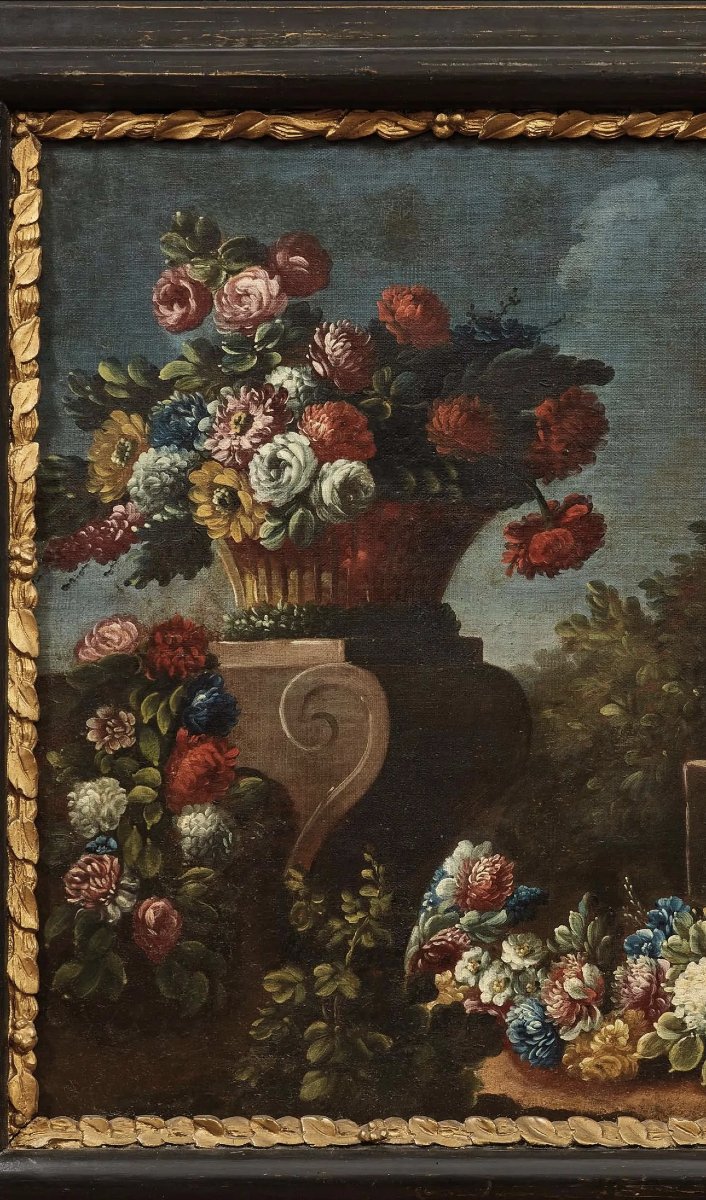 Pair Of Floral Still Lifes, Neapolitan School, Oil On Canvas, 18th Century-photo-5