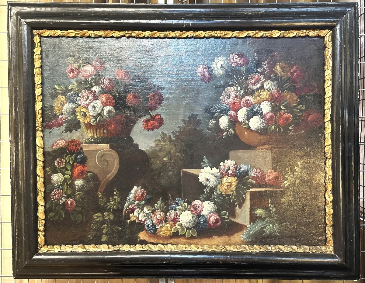 Pair Of Floral Still Lifes, Neapolitan School, Oil On Canvas, 18th Century-photo-7
