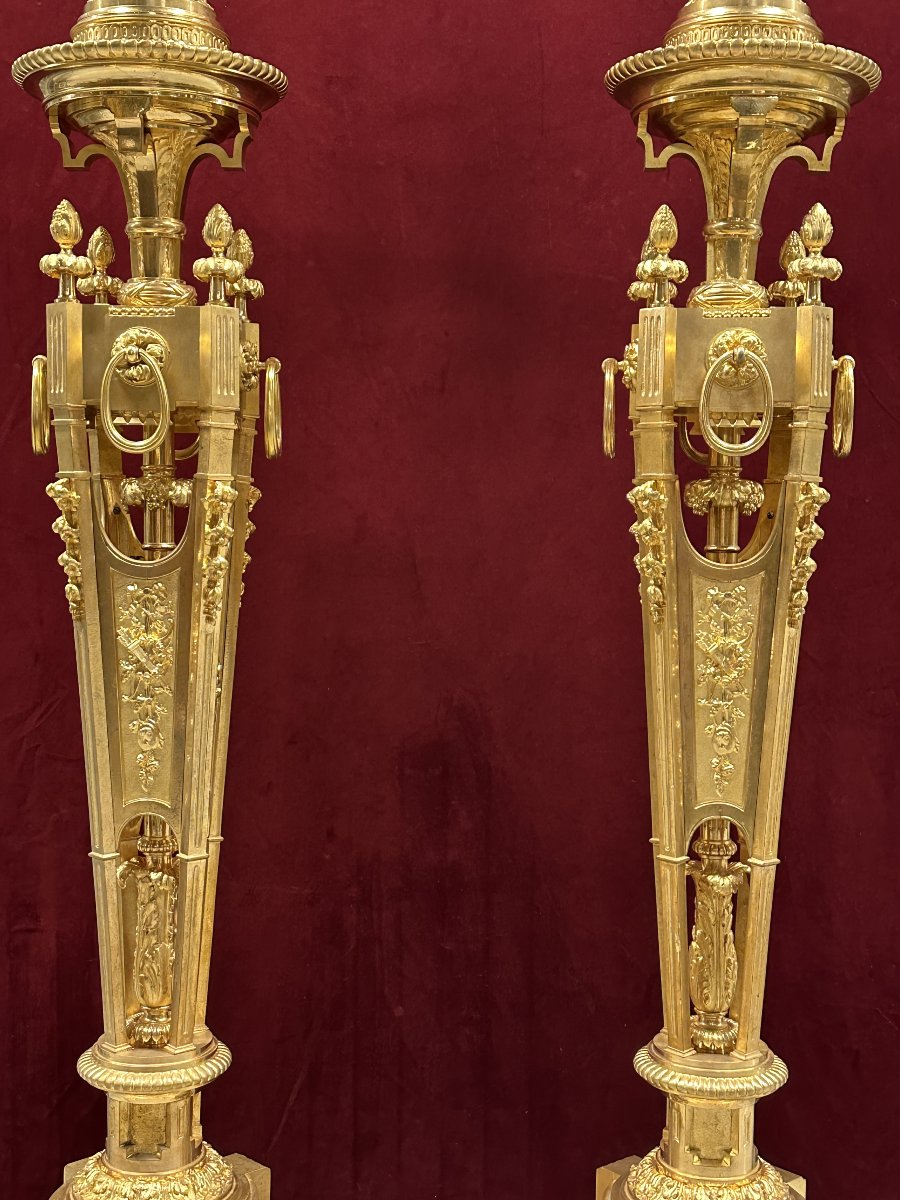 Important Paire De Torchères De Style Louis XVI En Bronze Doré, France, Vers 1880-photo-3