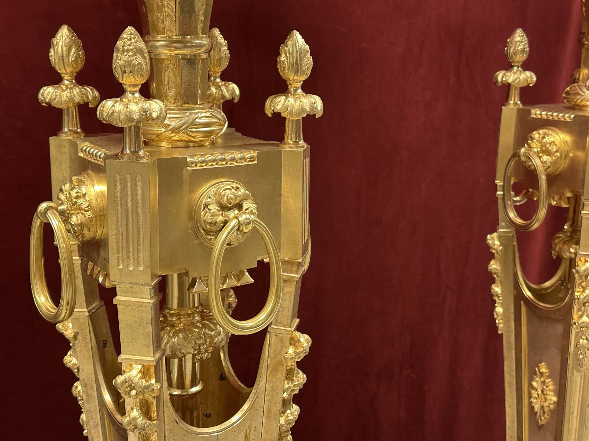 Important Paire De Torchères De Style Louis XVI En Bronze Doré, France, Vers 1880-photo-4
