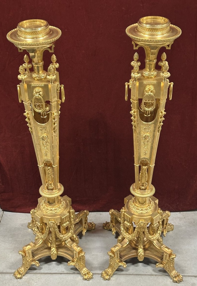 Important Paire De Torchères De Style Louis XVI En Bronze Doré, France, Vers 1880-photo-7
