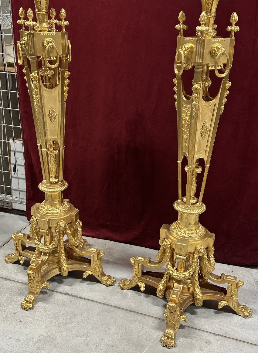 Important Paire De Torchères De Style Louis XVI En Bronze Doré, France, Vers 1880-photo-8