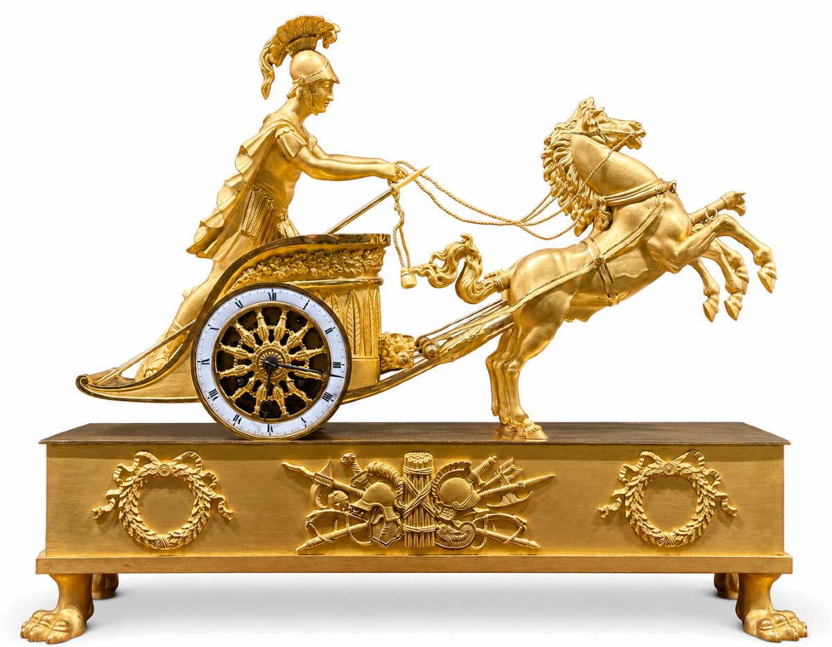 Pendule Empire Au Char En Bronze Doré Au Mercure, debut XIXe