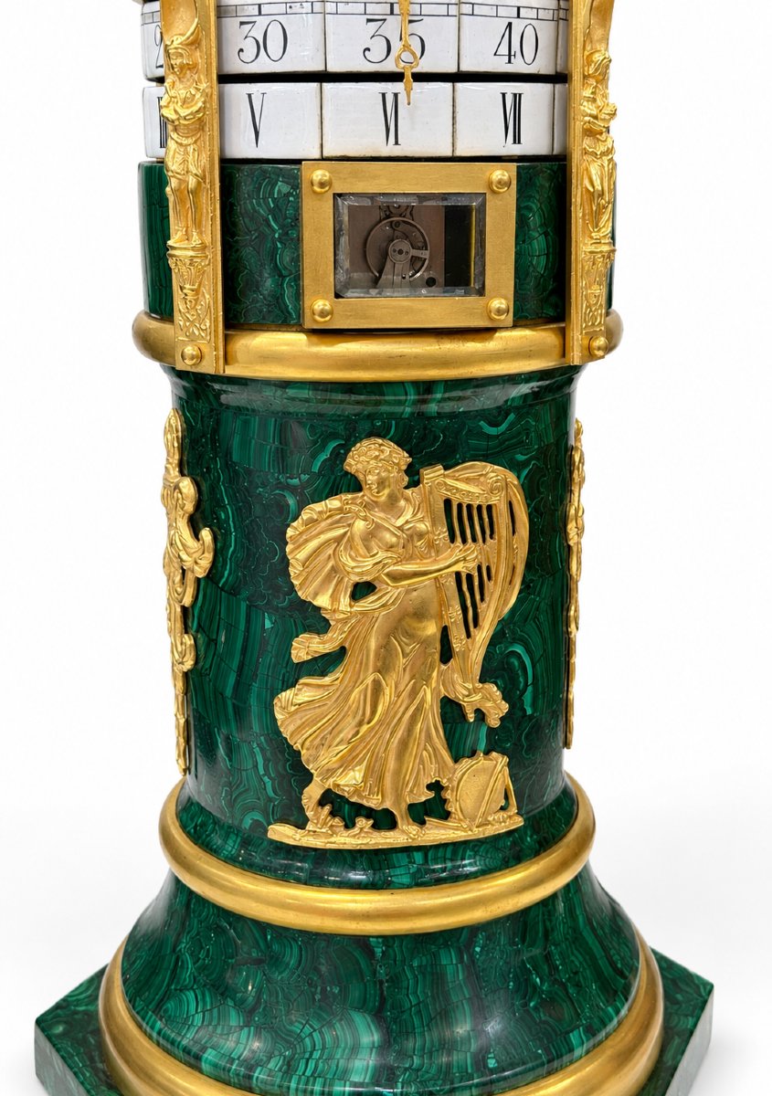 Pendule Cercle Tournant De Style Louis XVI En Malachite Et Bronze Doré-photo-2