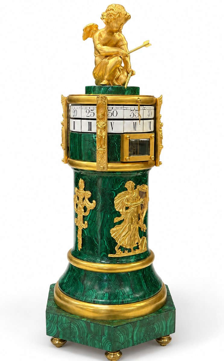 Pendule Cercle Tournant De Style Louis XVI En Malachite Et Bronze Doré-photo-3