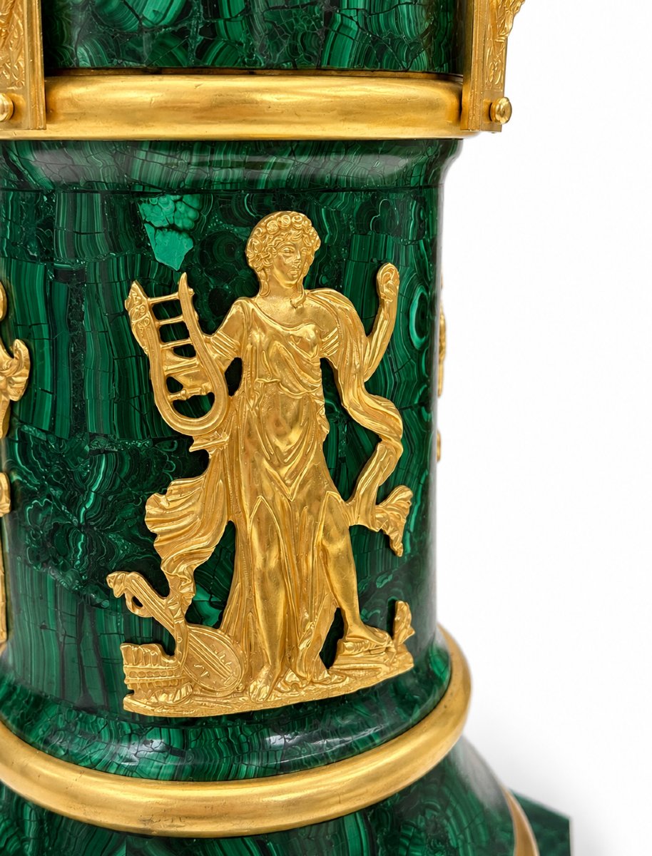 Pendule Cercle Tournant De Style Louis XVI En Malachite Et Bronze Doré-photo-2
