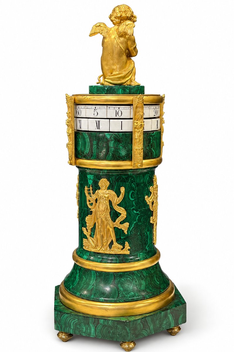 Pendule Cercle Tournant De Style Louis XVI En Malachite Et Bronze Doré-photo-3