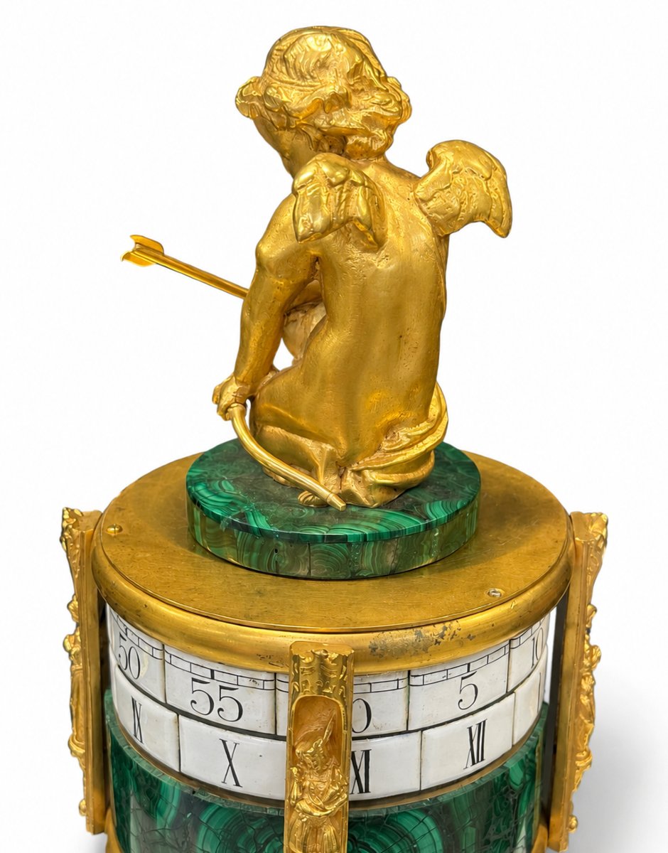 Pendule Cercle Tournant De Style Louis XVI En Malachite Et Bronze Doré-photo-4