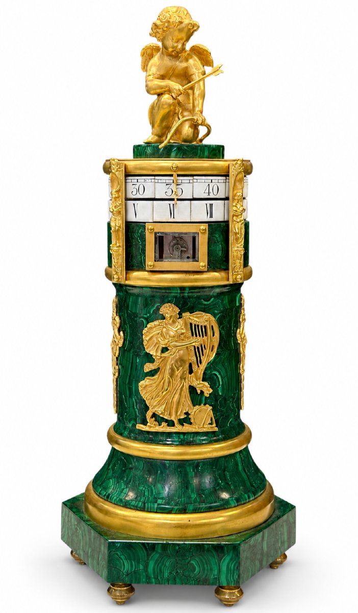 Pendule Cercle Tournant De Style Louis XVI En Malachite Et Bronze Doré