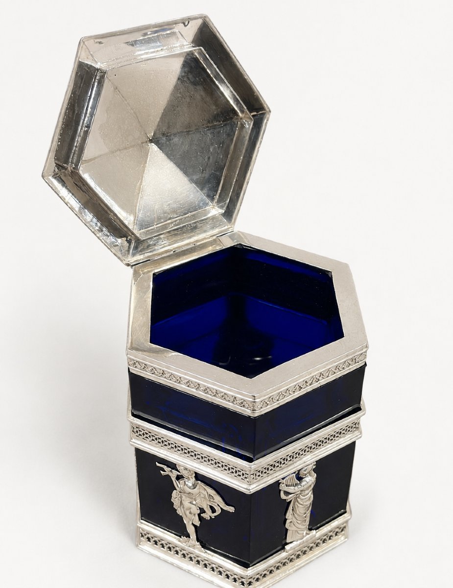 Bonbonnière En Argent et Verre Bleu Cobalt, signe Wilhelm Hülse, XIXe Siècle-photo-3