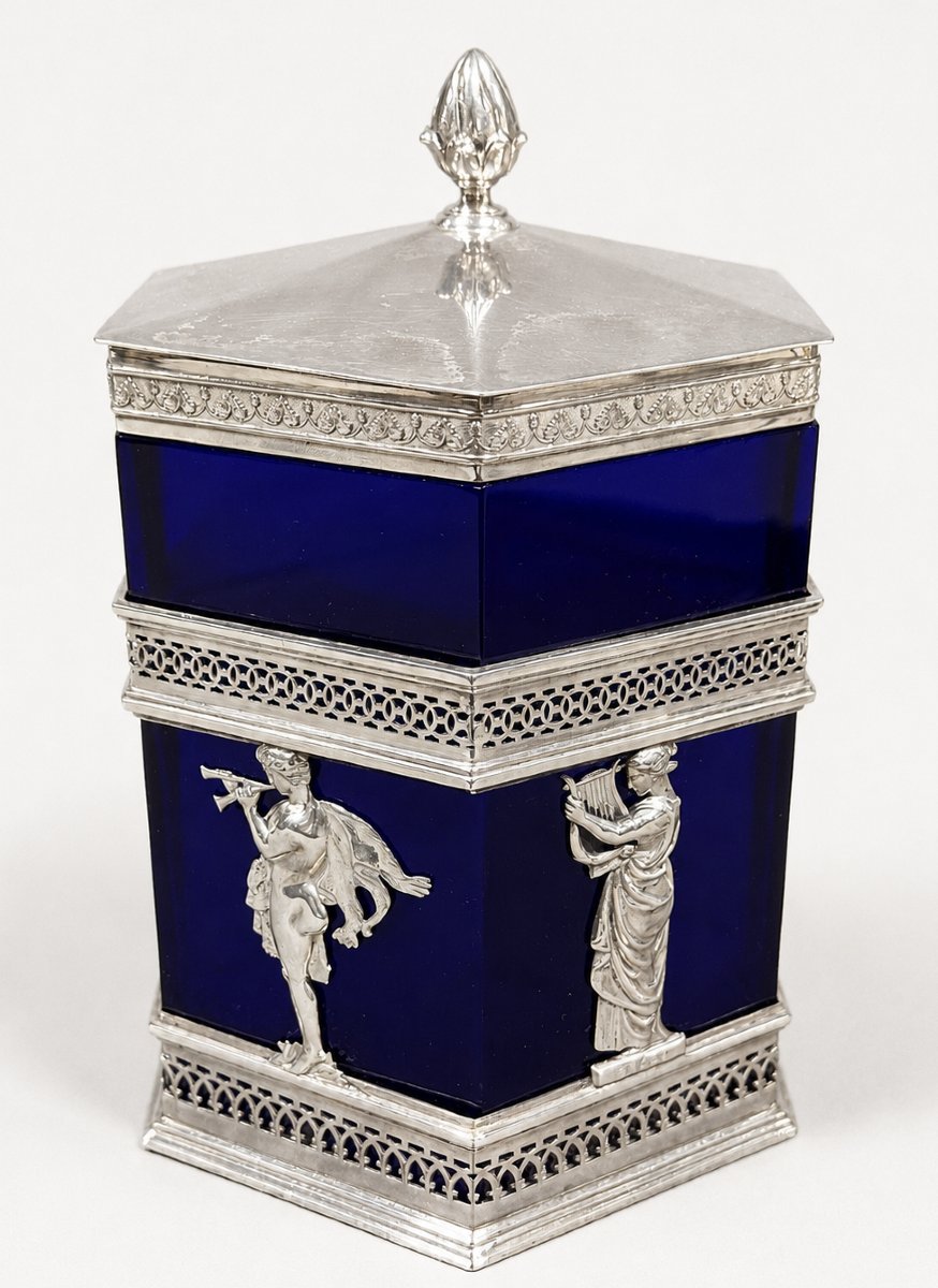 Bonbonnière En Argent et Verre Bleu Cobalt, signe Wilhelm Hülse, XIXe Siècle-photo-1