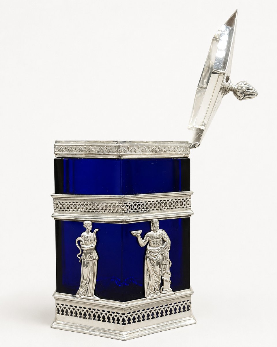 Bonbonnière En Argent et Verre Bleu Cobalt, signe Wilhelm Hülse, XIXe Siècle-photo-3