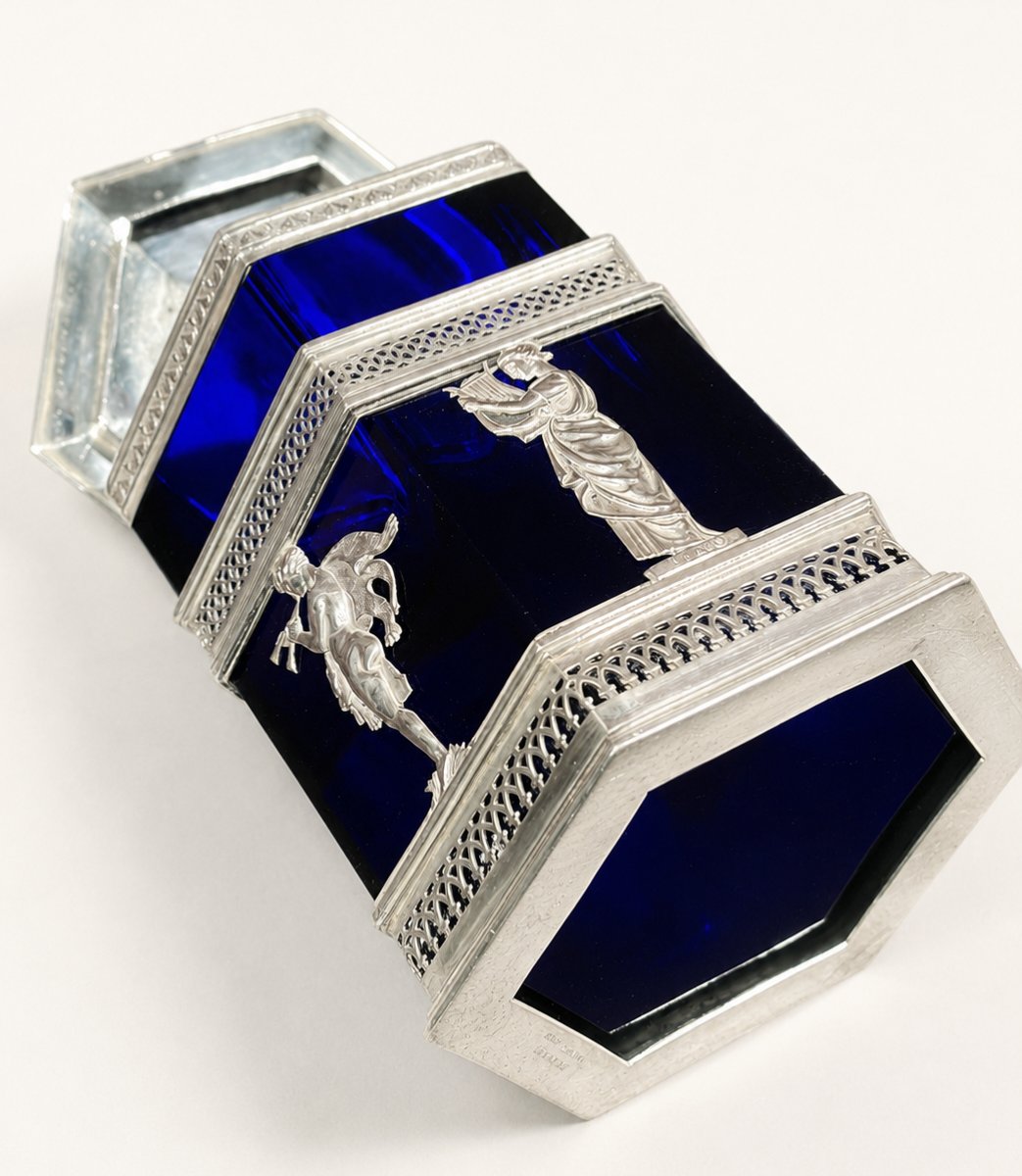 Bonbonnière En Argent et Verre Bleu Cobalt, signe Wilhelm Hülse, XIXe Siècle-photo-5