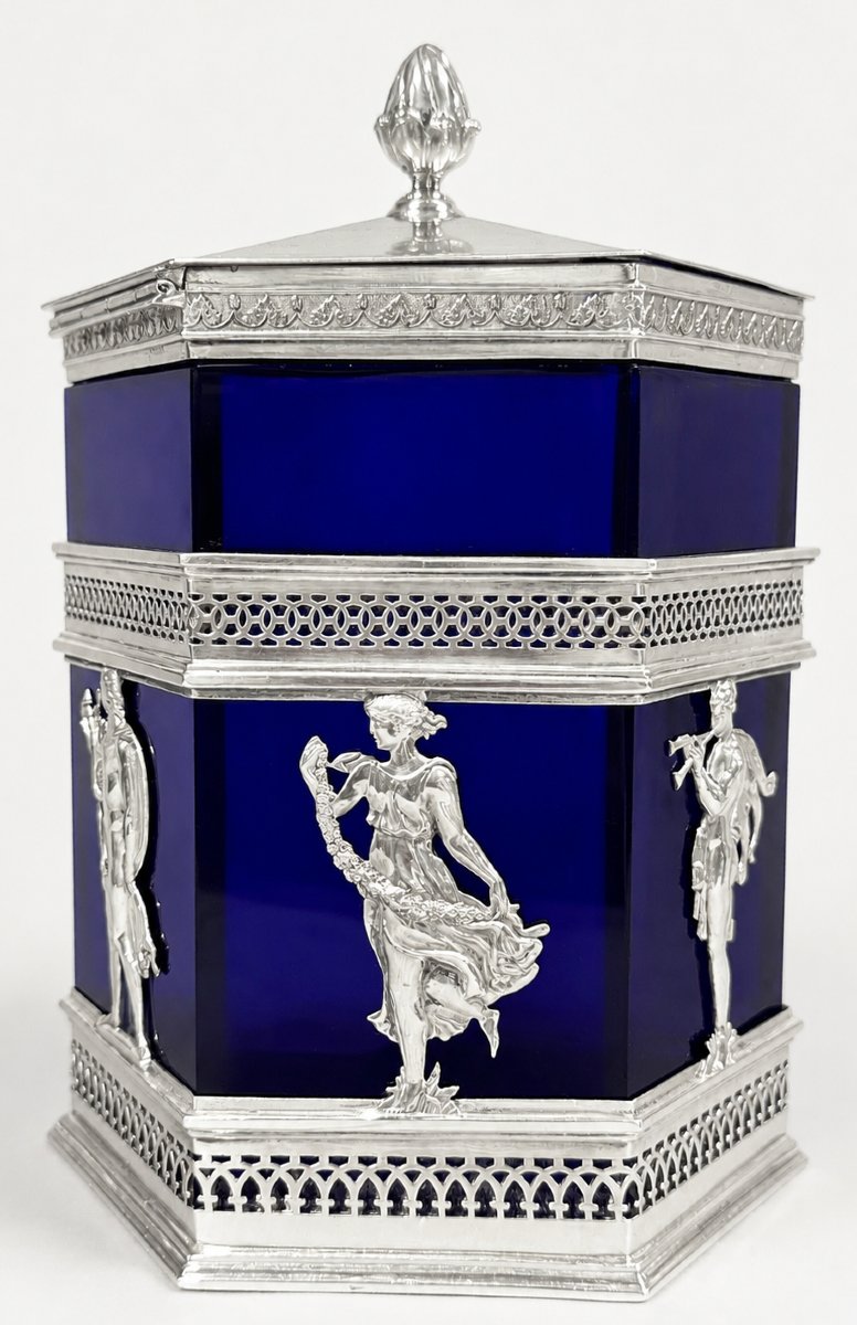Bonbonnière En Argent et Verre Bleu Cobalt, signe Wilhelm Hülse, XIXe Siècle