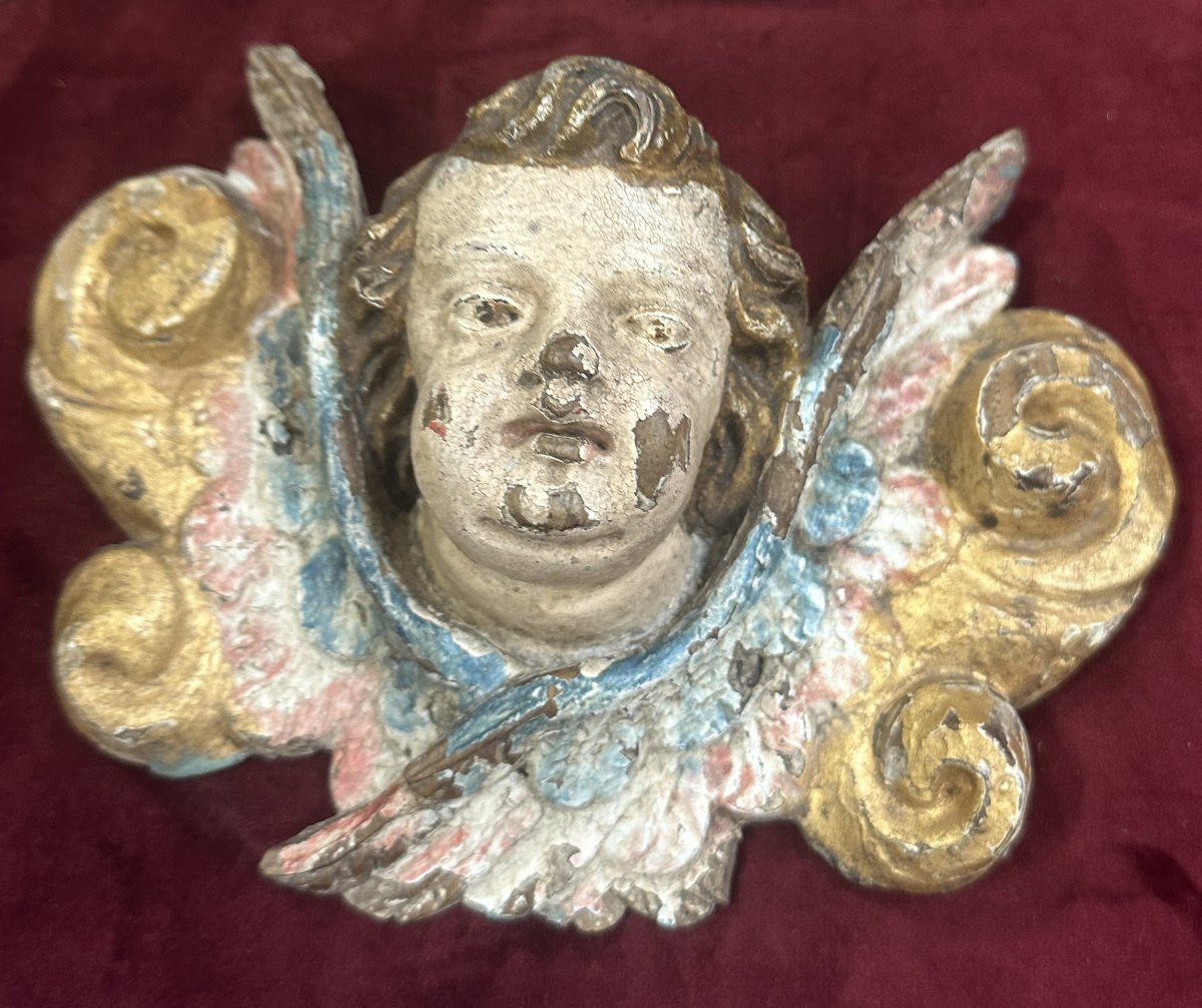Ensemble de Sept Têtes d’Angelots Ailées en Bois Sculpté Polychrome, XVIIIe siècle-photo-2
