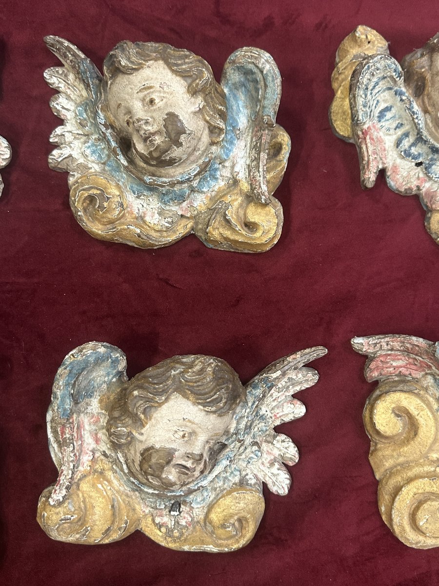 Ensemble de Sept Têtes d’Angelots Ailées en Bois Sculpté Polychrome, XVIIIe siècle-photo-2
