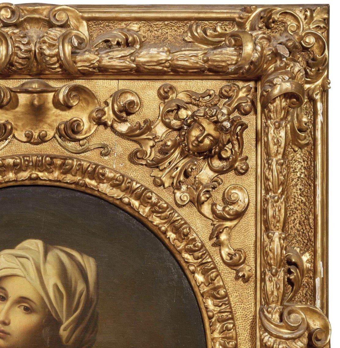 Large Carved And Gilded Wooden Frame In The Baroque Style With A Portrait, 19th Century-photo-2