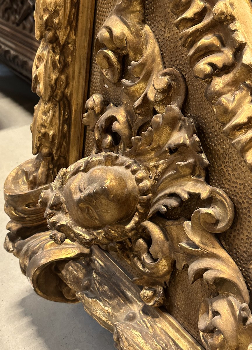 Large Carved And Gilded Wooden Frame In The Baroque Style With A Portrait, 19th Century-photo-5