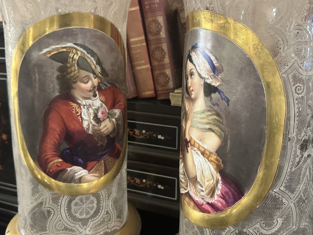 Paire de Grands Vases en Cristal Gravé et Peint, Attribuée à Baccarat, Napoléon III-photo-2