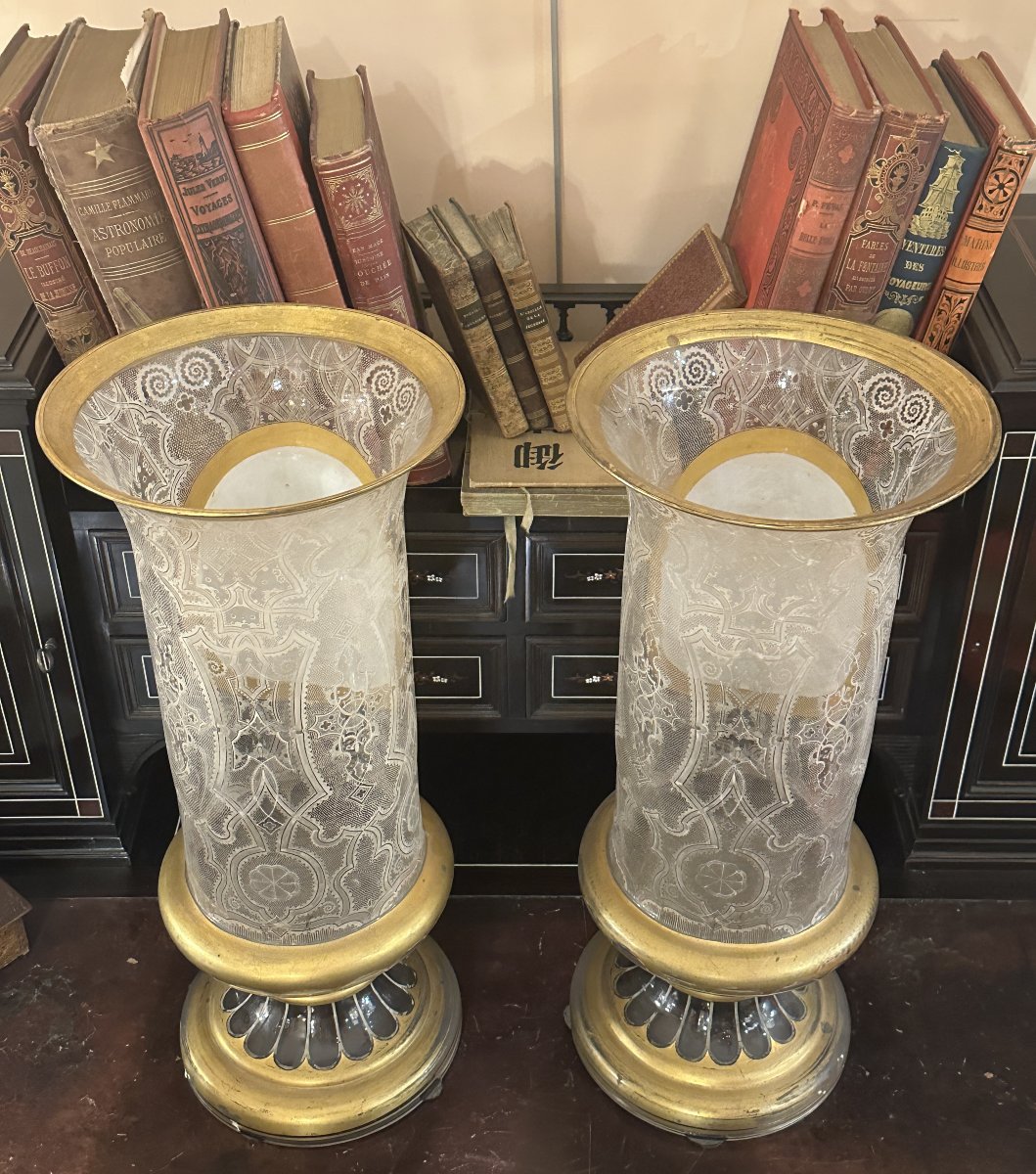 Paire de Grands Vases en Cristal Gravé et Peint, Attribuée à Baccarat, Napoléon III-photo-3