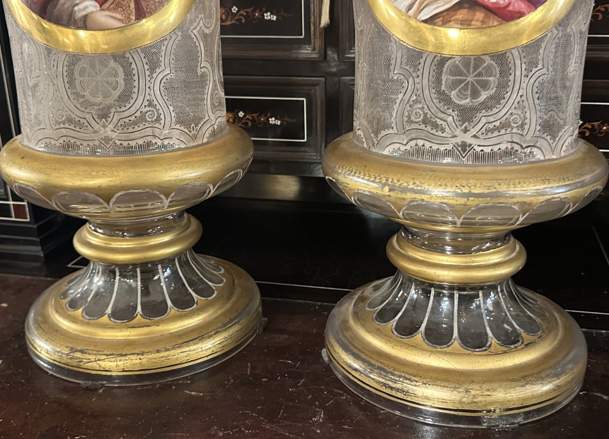 Paire de Grands Vases en Cristal Gravé et Peint, Attribuée à Baccarat, Napoléon III-photo-4