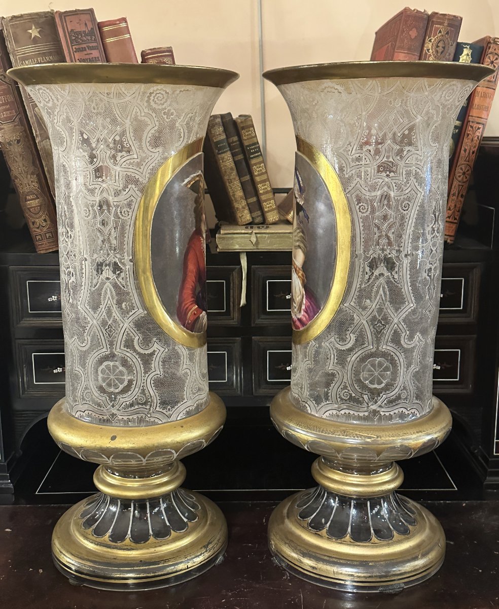 Paire de Grands Vases en Cristal Gravé et Peint, Attribuée à Baccarat, Napoléon III-photo-2