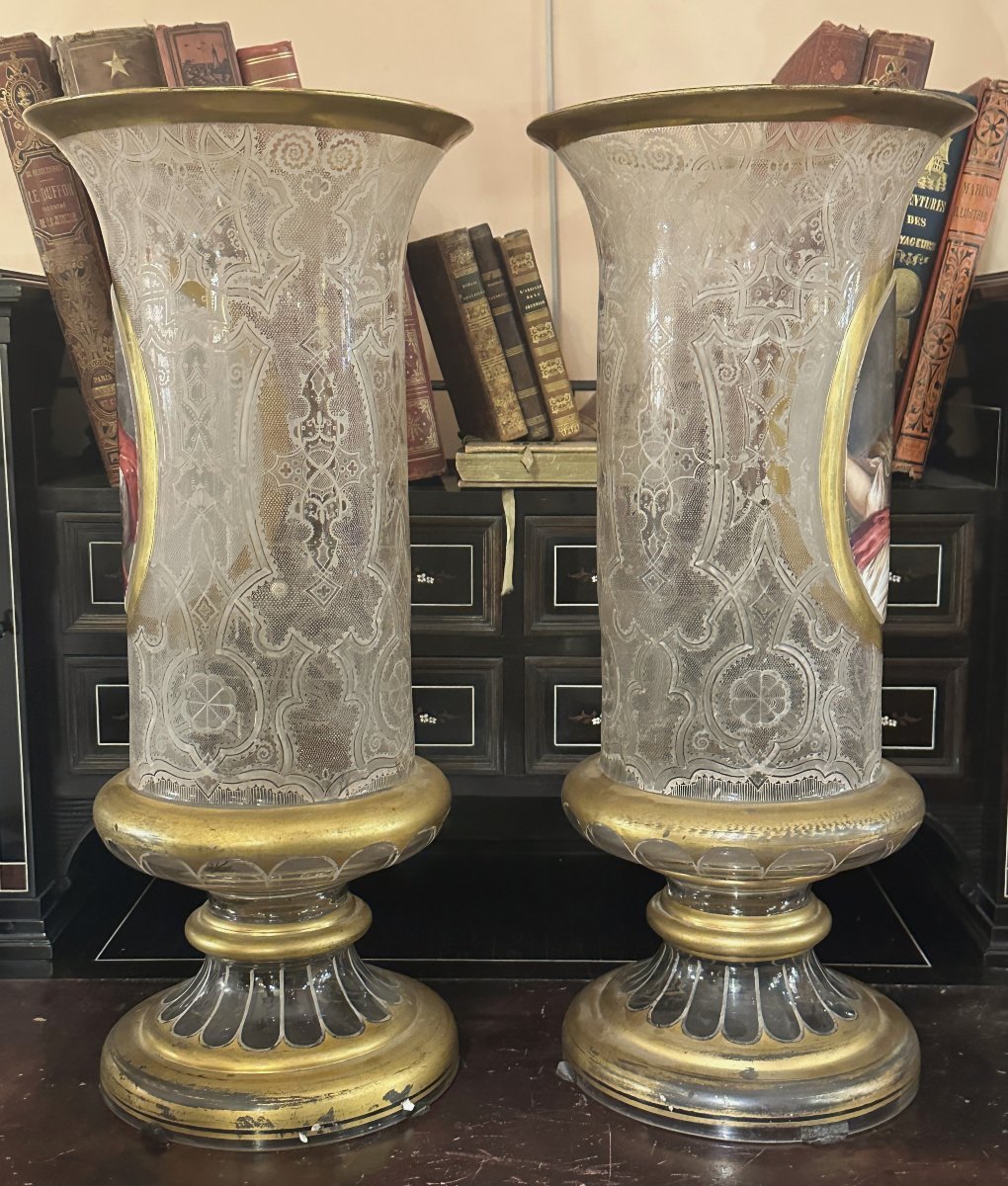 Paire de Grands Vases en Cristal Gravé et Peint, Attribuée à Baccarat, Napoléon III-photo-4
