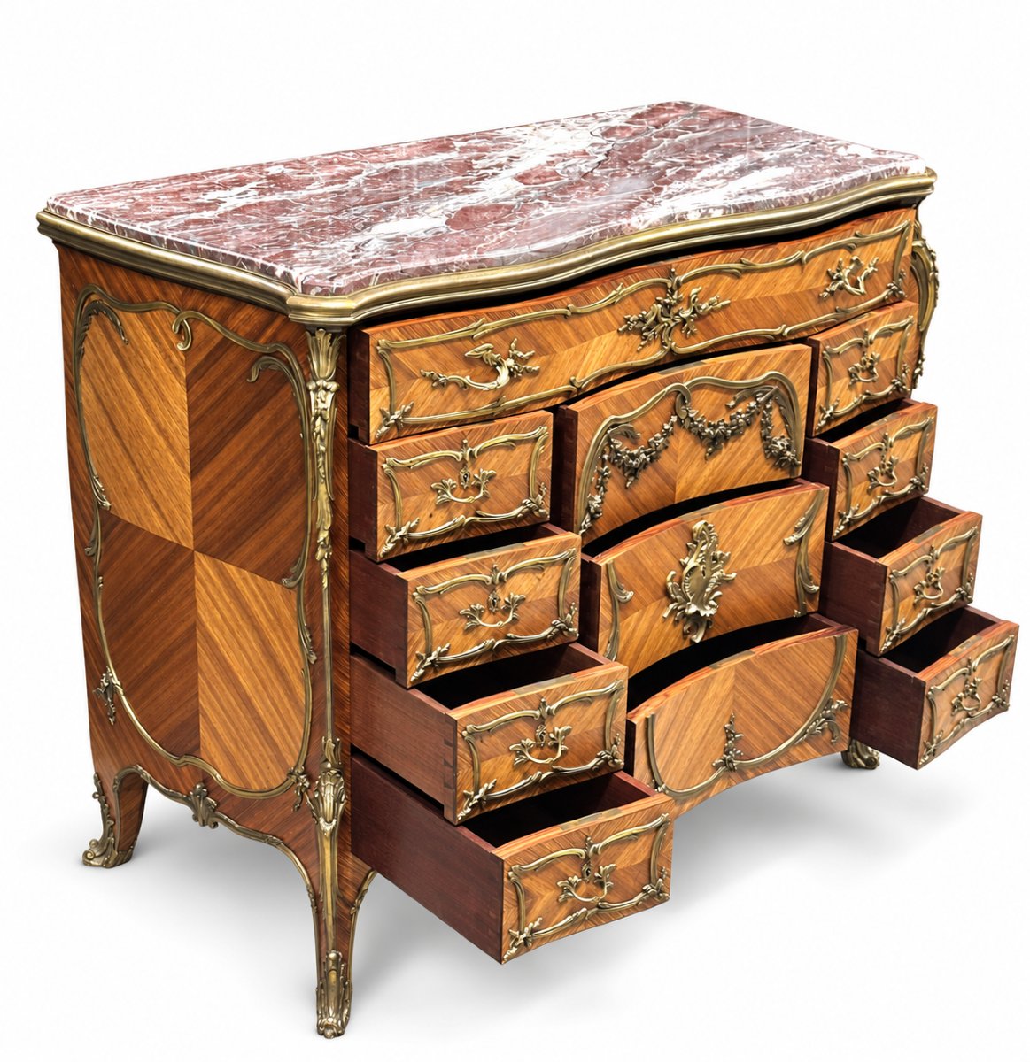 François Linke — Commode de Style Louis XV en Bois de Placage, Bronze Doré et Marbre-photo-4