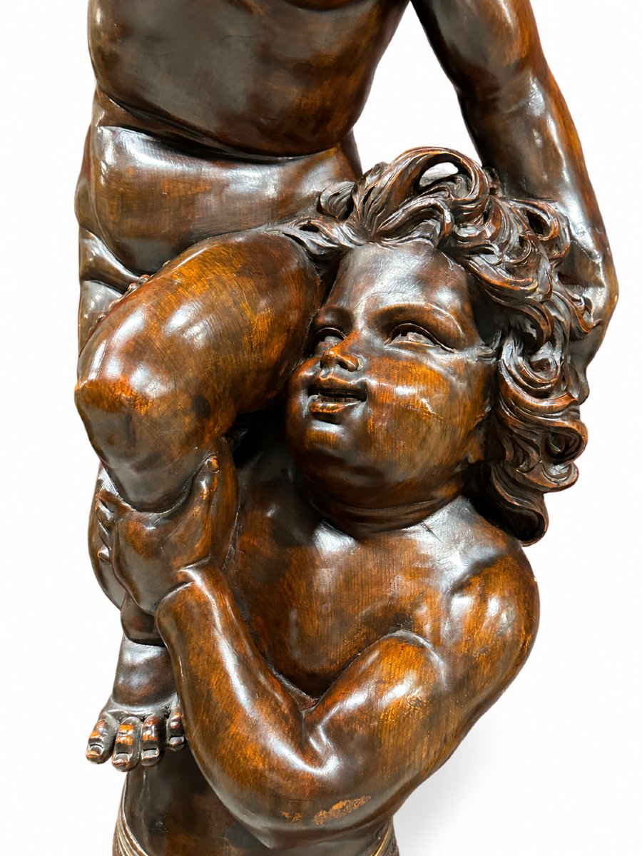 Wooden Sculpture Depicting Two Children, Attributed To Valentino Panciera Besarel (1829–1902)-photo-2