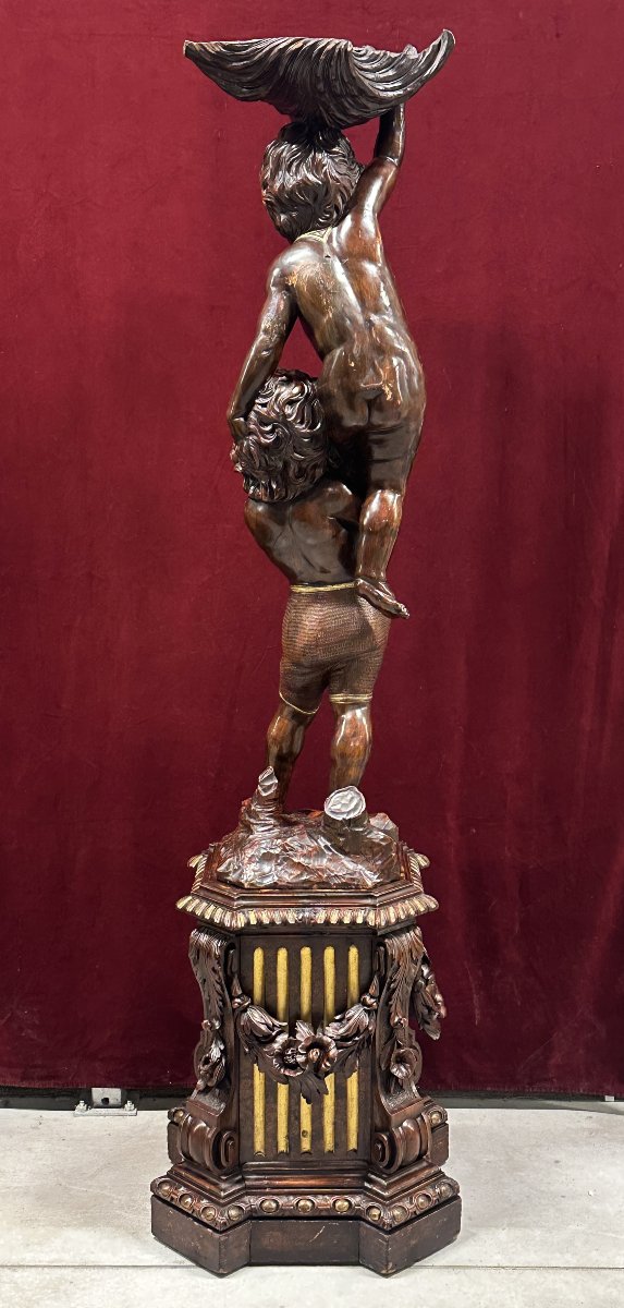 Wooden Sculpture Depicting Two Children, Attributed To Valentino Panciera Besarel (1829–1902)-photo-1