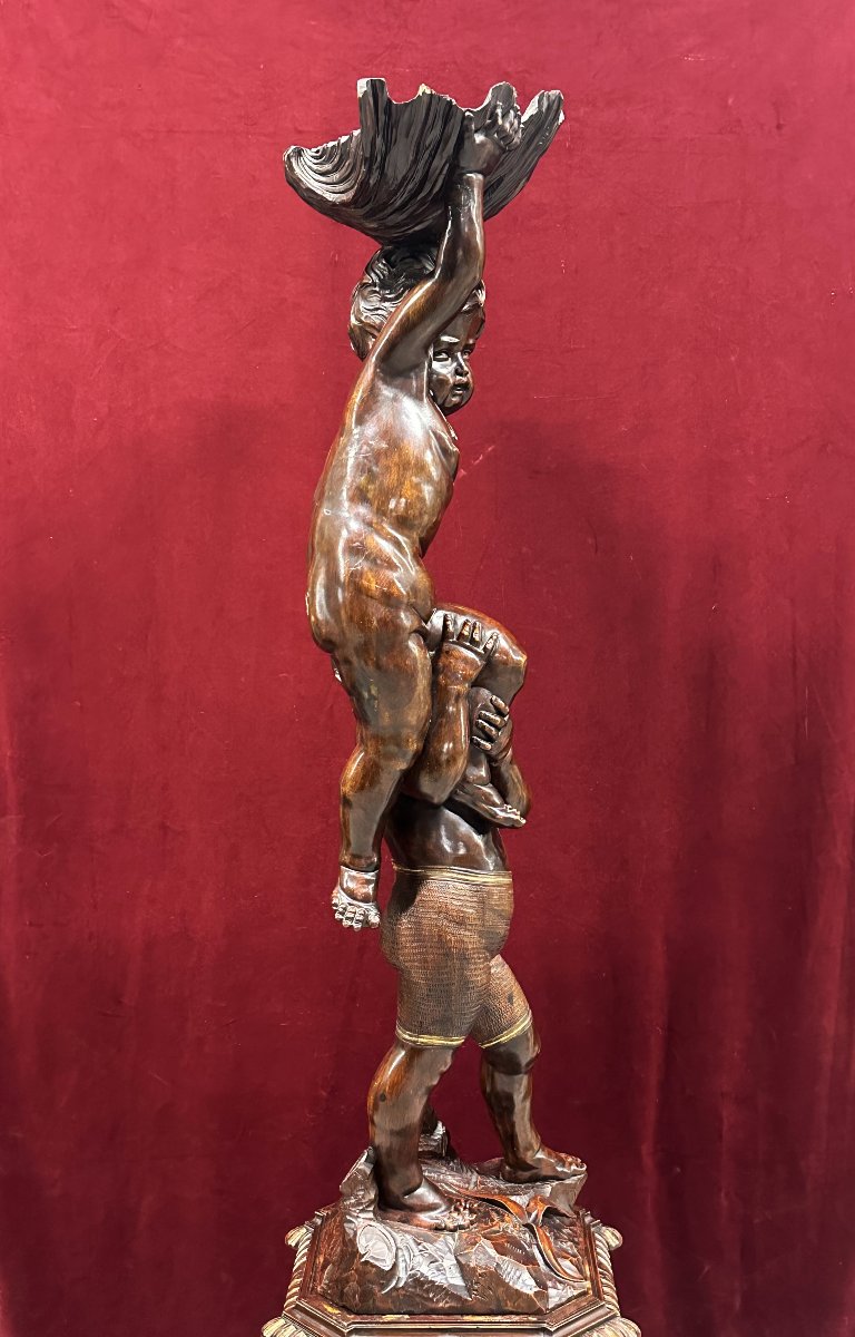 Wooden Sculpture Depicting Two Children, Attributed To Valentino Panciera Besarel (1829–1902)-photo-4