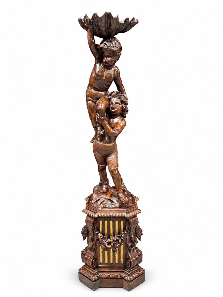 Wooden Sculpture Depicting Two Children, Attributed To Valentino Panciera Besarel (1829–1902)