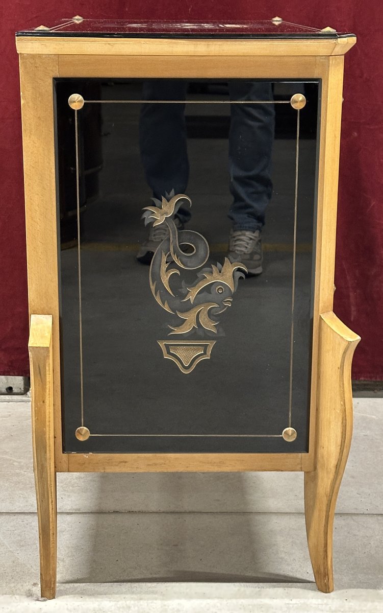 Art Deco-style Bar Cabinet In Engraved Black Glass, France, 1950s-photo-4