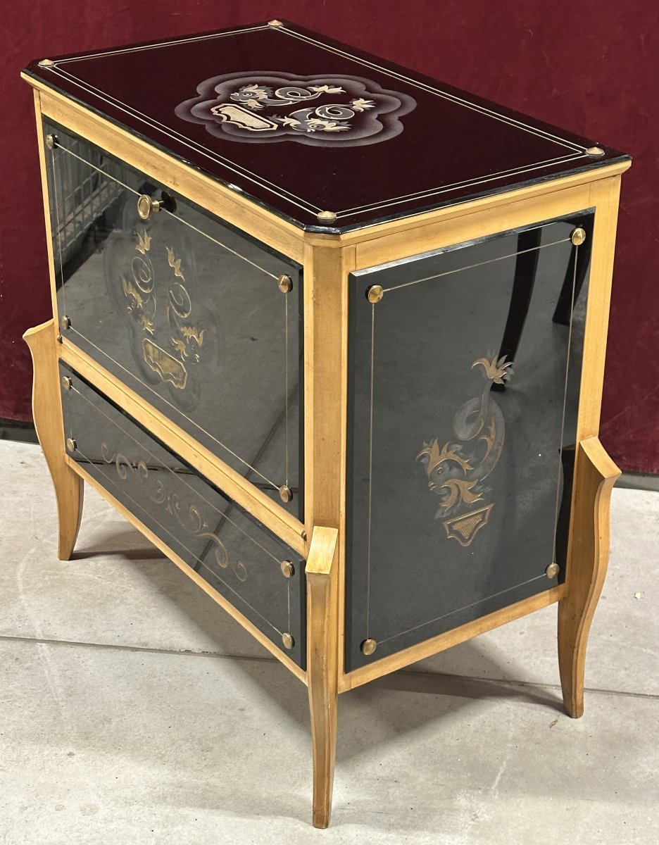 Art Deco-style Bar Cabinet In Engraved Black Glass, France, 1950s-photo-6